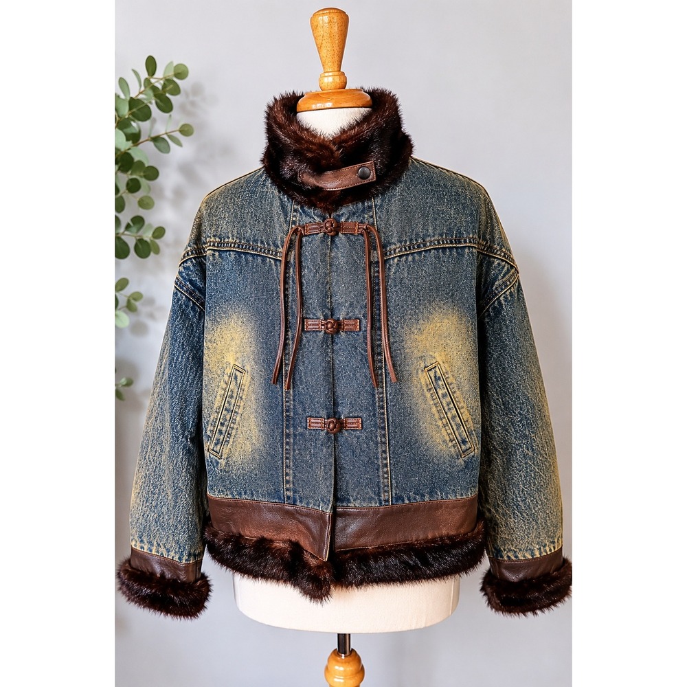 Acid Wash Denim Faux Fur Trim Insulated Jacket Oversized Whimsigoth Boho Luxe XL